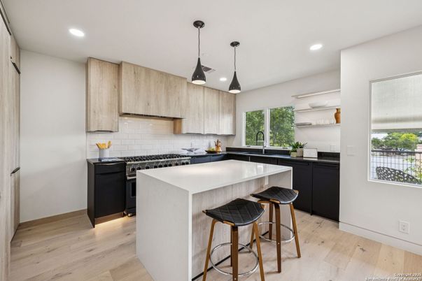 Interior, Kitchen, Pendant Lights, Recessed Lighting, Wood Texture Flooring