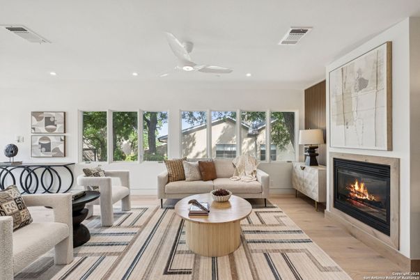 Fireplace, Interior, Living room, Recessed Lighting, Wood Texture Flooring