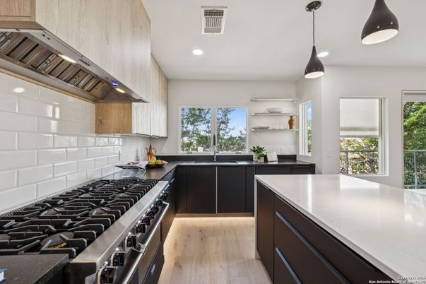 Interior, Kitchen, Pendant Lights, Recessed Lighting, Stainless Steel Appliances, Wood Texture Flooring