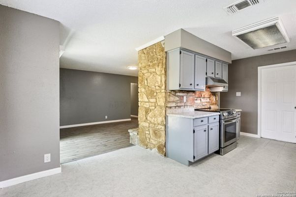 Interior, Kitchen, Recessed Lighting, Stone Walls, Wood Texture Flooring