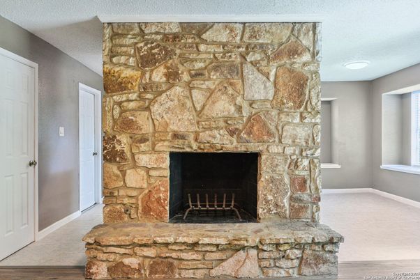 Fireplace, Interior, Recessed Lighting, Stone Walls