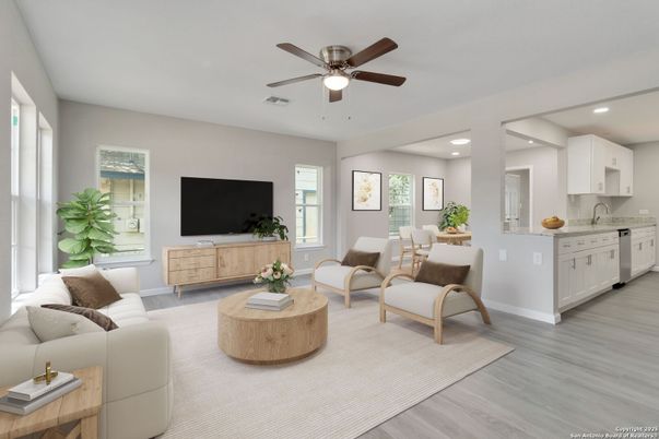 Interior, Kitchen, Living room, Recessed Lighting, Wood Texture Flooring