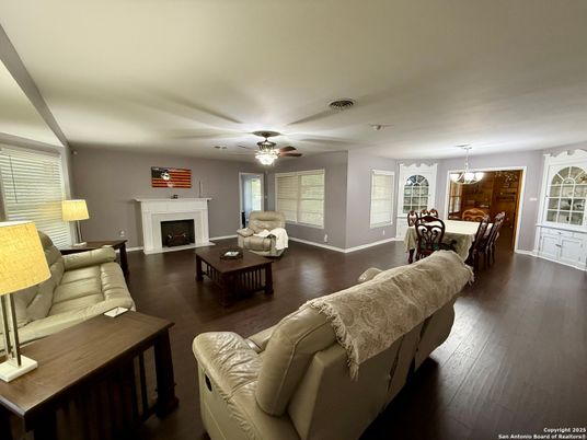 Dining room, Fireplace, Interior, Living room, Pendant Lights, Wood Texture Flooring