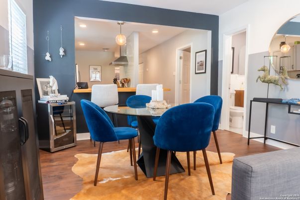 Dining room, Interior, Pendant Lights, Recessed Lighting, Wood Texture Flooring