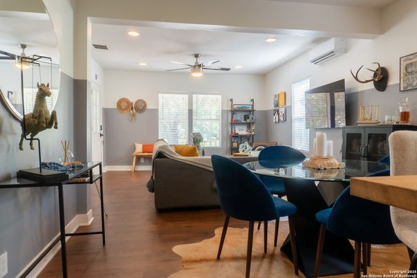 Dining room, Interior, Living room, Recessed Lighting, Wood Texture Flooring