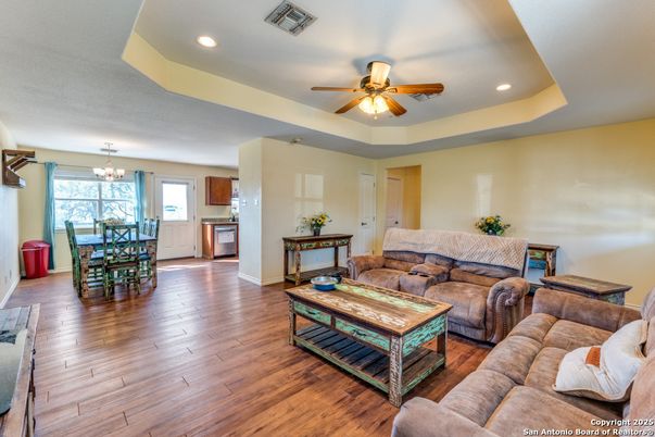 Chandelier, Dining room, Interior, Kitchen, Living room, Recessed Lighting, Wood Texture Flooring