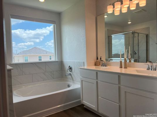 Bathroom, Dual Sink Vanities, Glass Shower, Interior, Recessed Lighting, Wood Texture Flooring