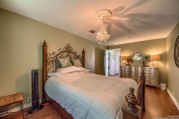 Bedroom, Chandelier, Interior, Wood Texture Flooring