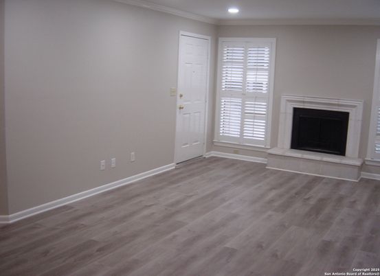 Empty room, Fireplace, Interior, Recessed Lighting, Wood Texture Flooring