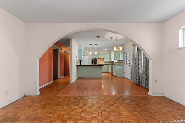 Chandelier, Interior, Kitchen, Pendant Lights, Stainless Steel Appliances, Wood Texture Flooring