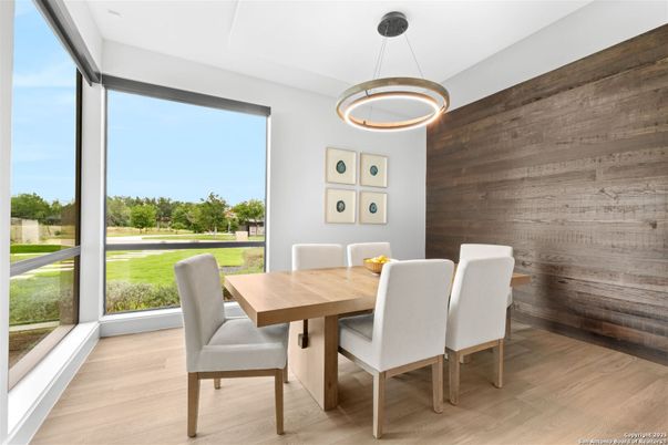 Dining room, Interior, Pendant Lights, Wood Texture Flooring, Wooden Walls