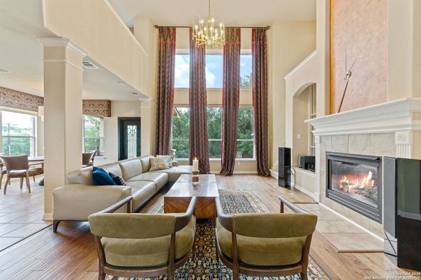 Fireplace, Interior, Living room, Pendant Lights, Wood Texture Flooring