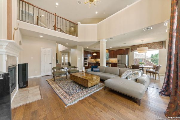 Dining room, Fireplace, Interior, Kitchen, Living room, Pendant Lights, Recessed Lighting, Wood Texture Flooring