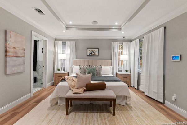 Bedroom, Interior, Recessed Lighting, Wood Texture Flooring