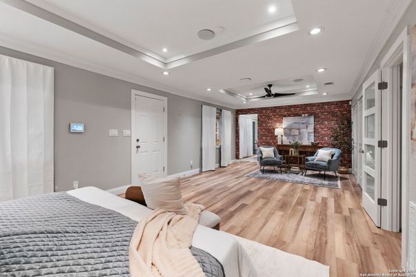 Bedroom, Interior, Recessed Lighting, Stone Walls, Wood Texture Flooring