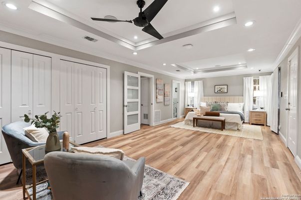 Bedroom, Interior, Recessed Lighting, Wood Texture Flooring
