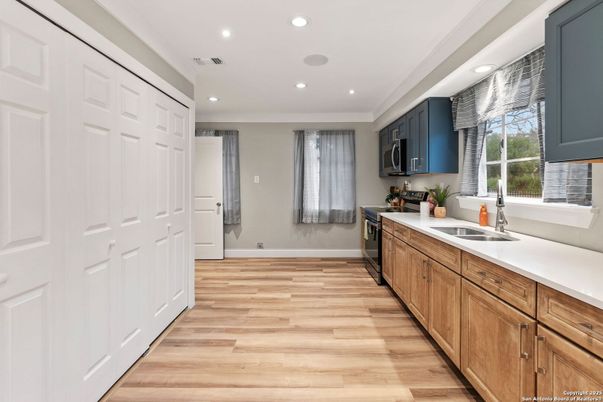 Interior, Kitchen, Recessed Lighting, Wood Texture Flooring