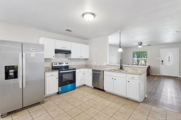Interior, Kitchen, Pendant Lights, Stainless Steel Appliances, Wood Texture Flooring