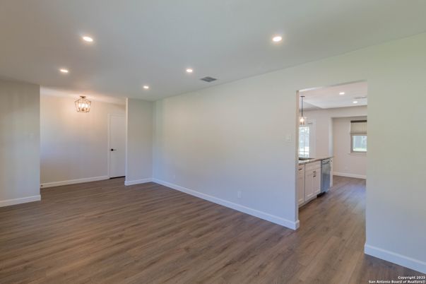 Empty room, Interior, Kitchen, Pendant Lights, Recessed Lighting, Wood Texture Flooring