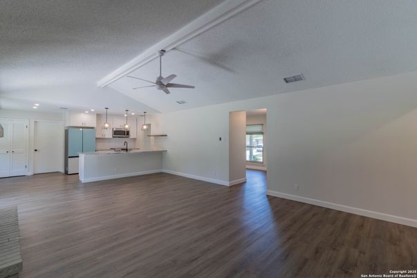 Empty room, Interior, Kitchen, Pendant Lights, Recessed Lighting, Wood Texture Flooring