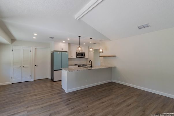 Empty room, Interior, Kitchen, Pendant Lights, Recessed Lighting, Wood Texture Flooring