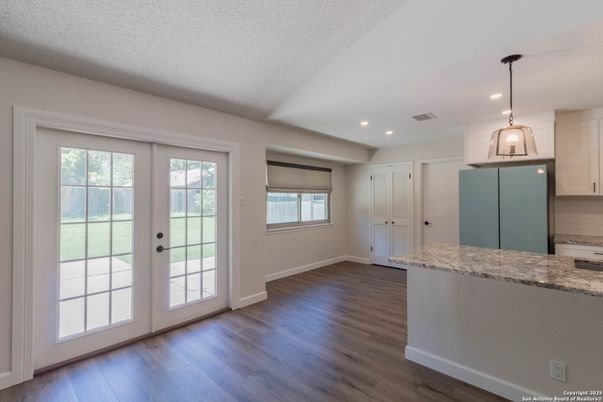 Interior, Kitchen, Pendant Lights, Recessed Lighting, Wood Texture Flooring