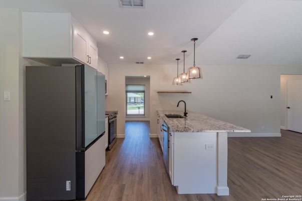 Interior, Kitchen, Pendant Lights, Recessed Lighting, Wood Texture Flooring