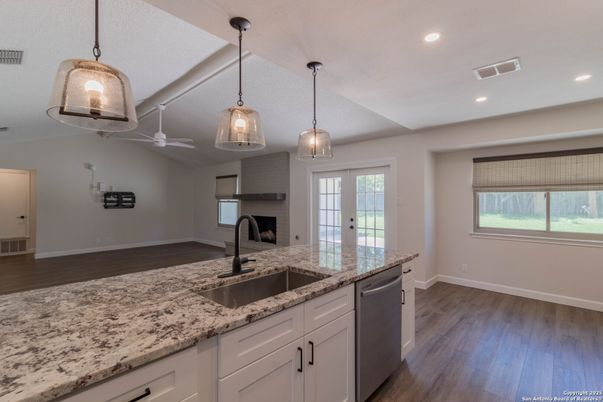 Interior, Kitchen, Pendant Lights, Recessed Lighting, Wood Texture Flooring