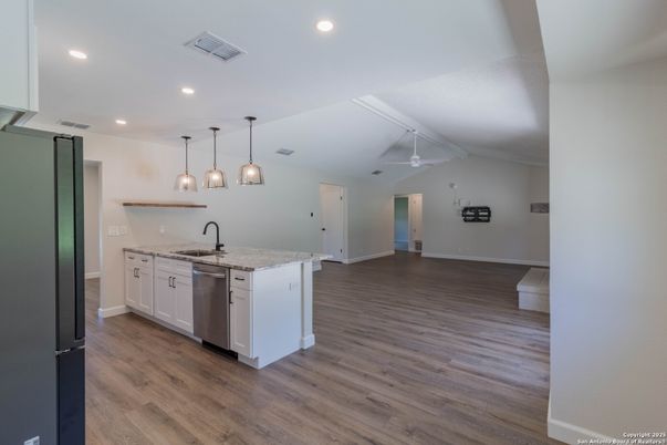 Interior, Kitchen, Pendant Lights, Recessed Lighting, Wood Texture Flooring