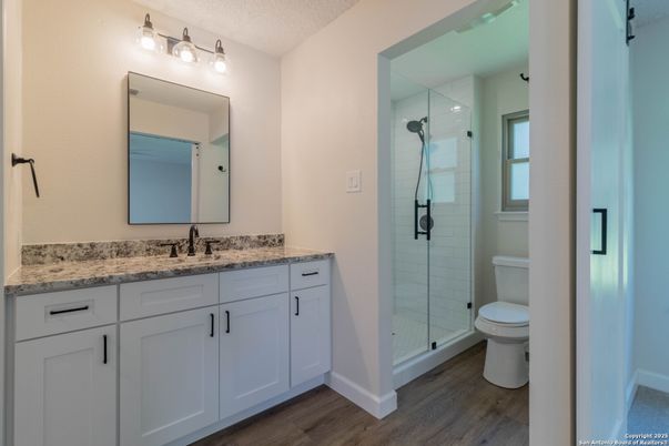 Bathroom, Glass Shower, Interior, Wood Texture Flooring