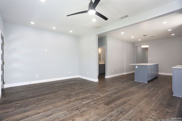 Empty room, Interior, Kitchen, Pendant Lights, Recessed Lighting, Wood Texture Flooring