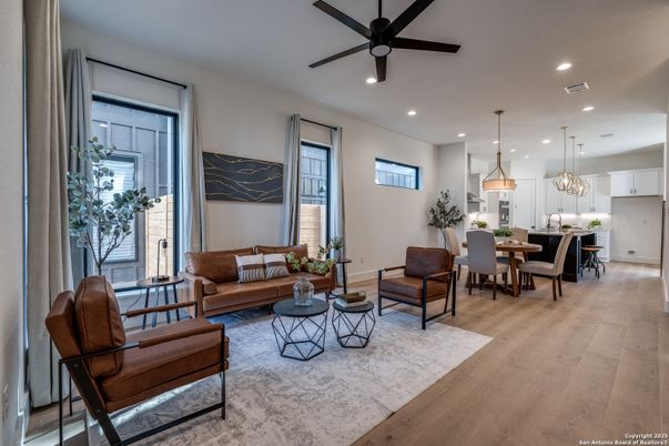Chandelier, Dining room, Interior, Kitchen, Living room, Pendant Lights, Recessed Lighting, Wood Texture Flooring