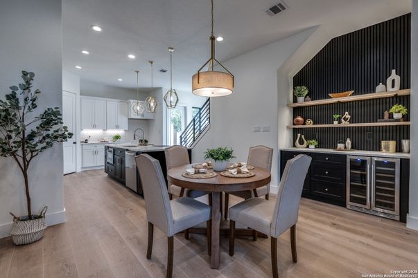 Dining room, Interior, Kitchen, Pendant Lights, Recessed Lighting, Wood Texture Flooring