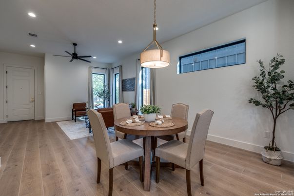 Dining room, Interior, Pendant Lights, Recessed Lighting, Wood Texture Flooring