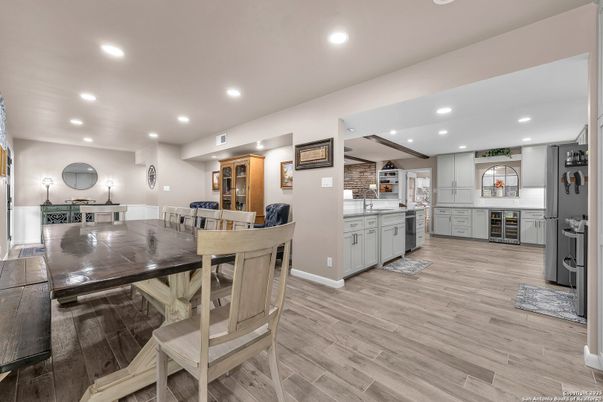 Dining room, Interior, Kitchen, Recessed Lighting, Wood Texture Flooring