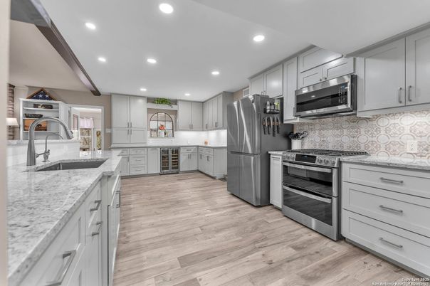 Interior, Kitchen, Recessed Lighting, Stainless Steel Appliances, Wood Texture Flooring