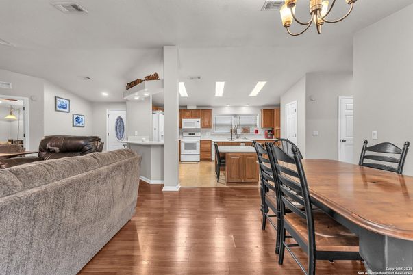 Dining room, Interior, Kitchen, Living room, Recessed Lighting, Wood Texture Flooring