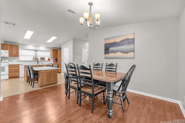 Chandelier, Dining room, Interior, Kitchen, Recessed Lighting, Wood Texture Flooring