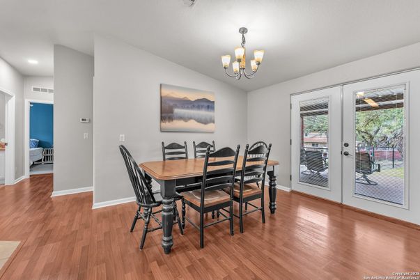 Chandelier, Dining room, Interior, Recessed Lighting, Wood Texture Flooring