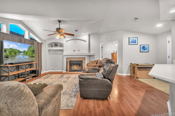 Fireplace, Interior, Living room, Recessed Lighting, Wood Texture Flooring