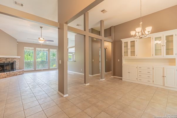 Chandelier, Empty room, Fireplace, Interior
