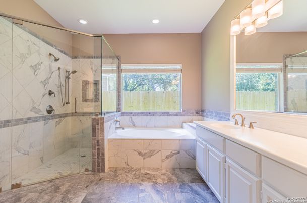 Bathroom, Glass Shower, Interior, Marble Walls, Recessed Lighting