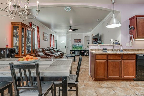 Dining room, Fireplace, Interior, Kitchen, Living room, Pendant Lights, Recessed Lighting