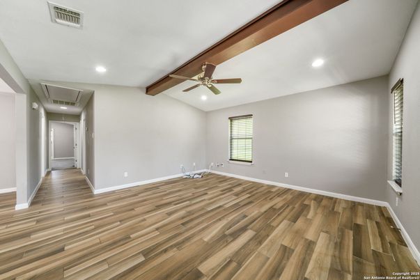 Empty room, Interior, Recessed Lighting, Wooden Beams, Wood Texture Flooring