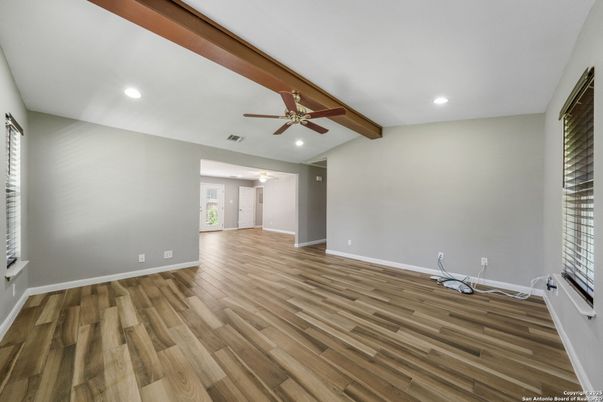 Empty room, Interior, Recessed Lighting, Wooden Beams, Wood Texture Flooring