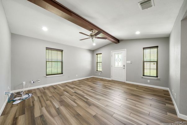 Empty room, Interior, Recessed Lighting, Wooden Beams, Wood Texture Flooring