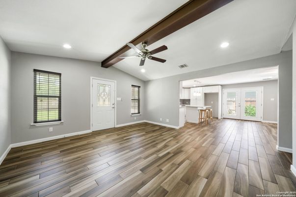 Empty room, Interior, Recessed Lighting, Wooden Beams, Wood Texture Flooring