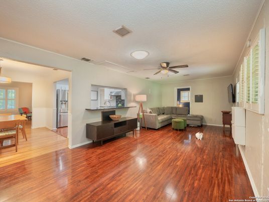 Dining room, Interior, Kitchen, Living room, Stainless Steel Appliances, Wood Texture Flooring