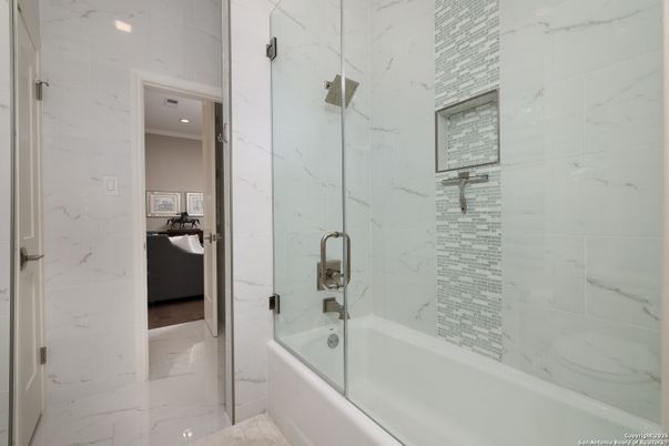 Bathroom, Glass Shower, Interior, Marble Walls, Recessed Lighting