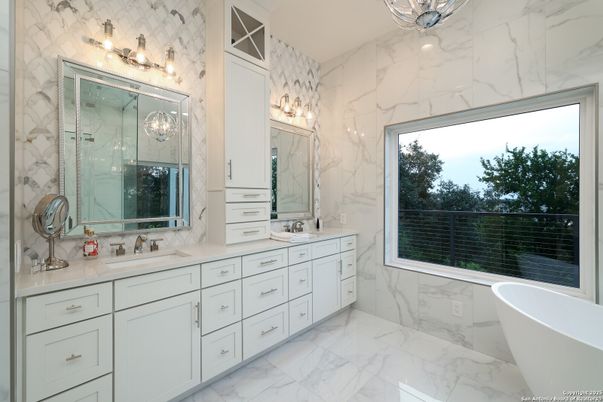 Bathroom, Dual Sink Vanities, Free Standing Baths, Interior, Marble, Marble Walls